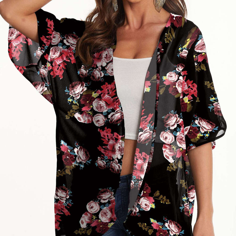 Women's Sunscreen Cover Up Printed Chiffon Top And Kimono Cardigan
