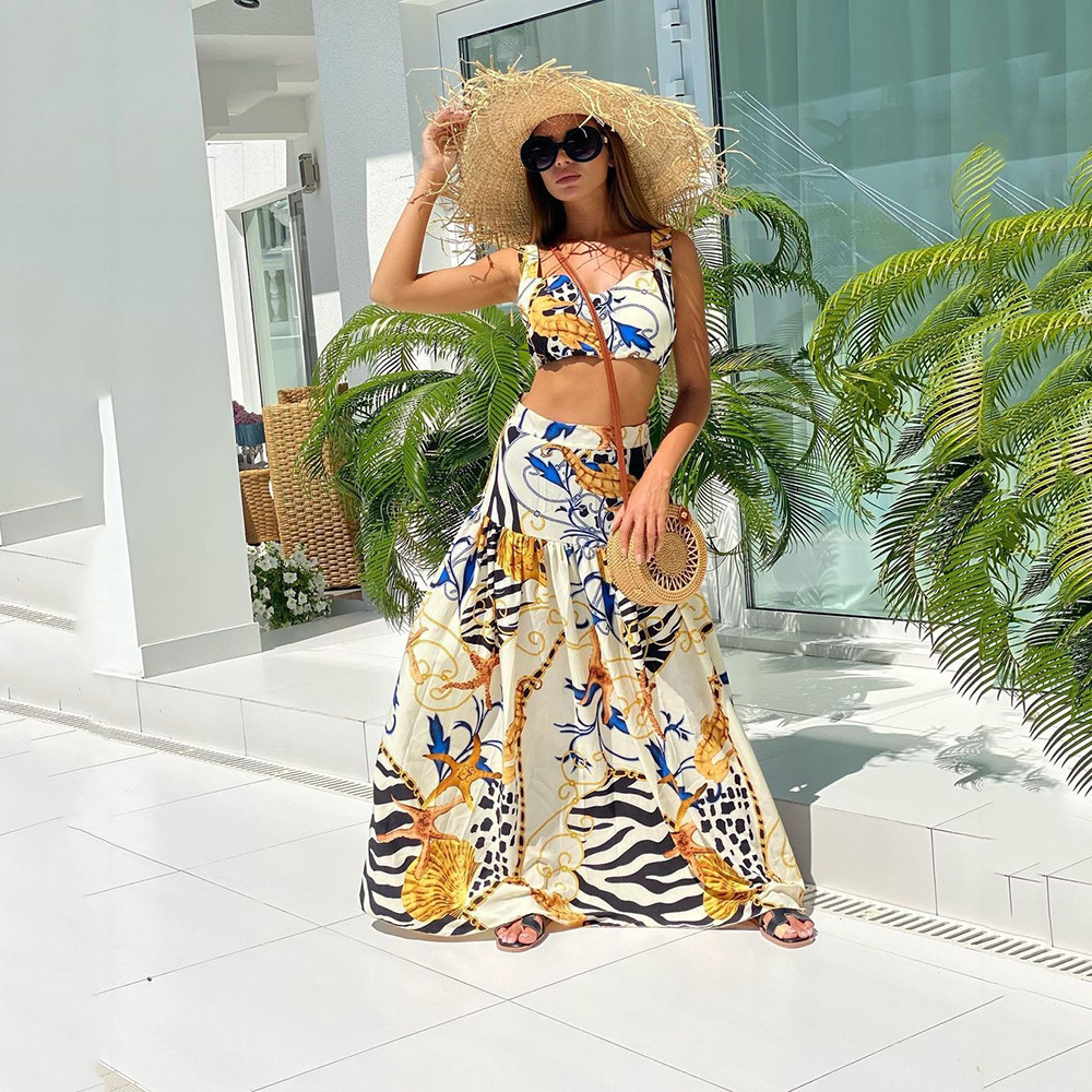 2025 Spring/summer New Womens Clothing Sexy Temperament Strap Printed Dress Set Beach Skirt Two Piece Set