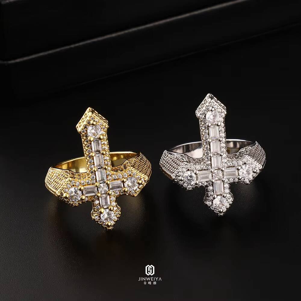 Factory Wholesale High Quality Christian Hip Hop Rings Gold Plated Moissanite Cross 925 Sterling Silver Ring for Men