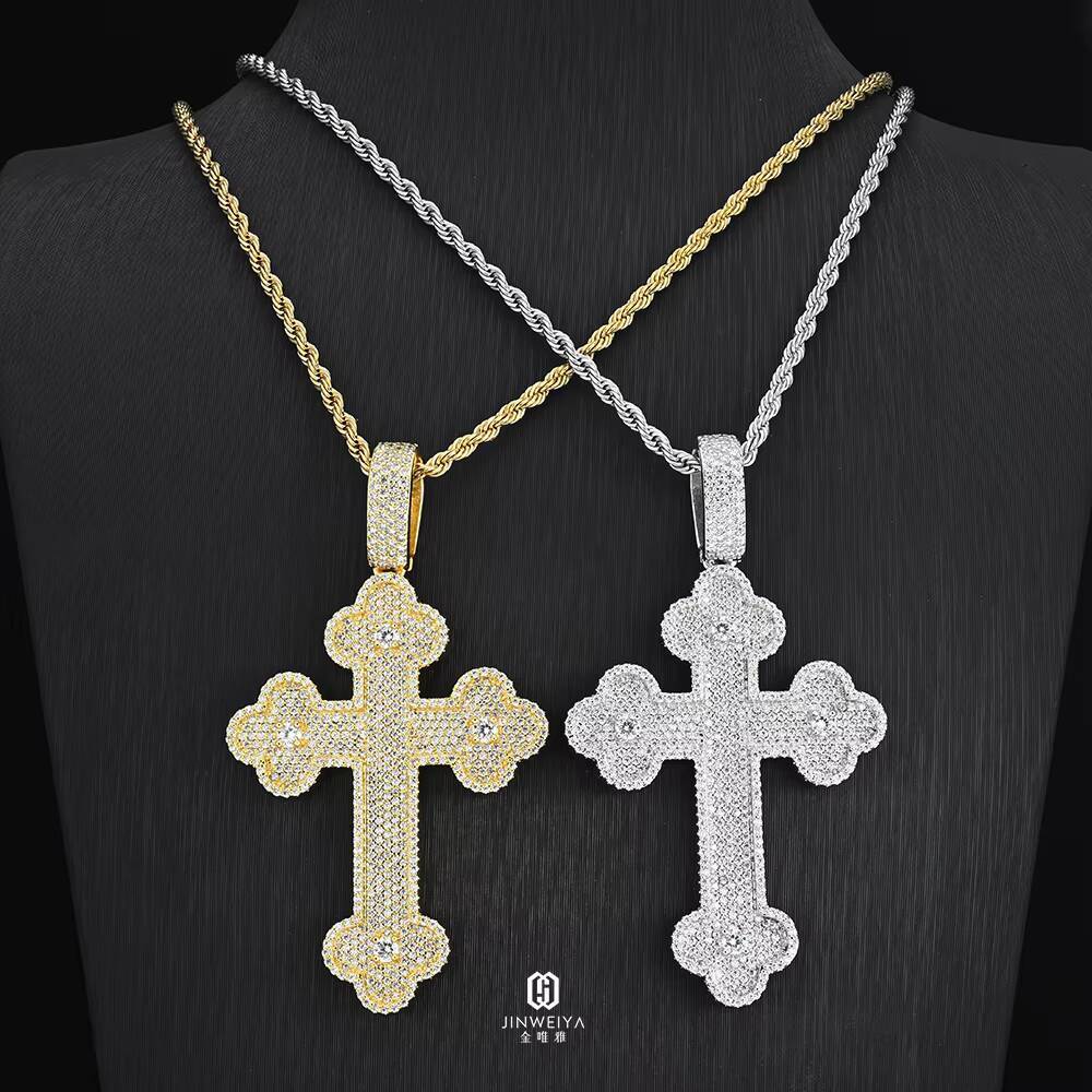 Womens 925 Sterling Silver Gold Plated Zircon Real Diamond Cross Pendant Chic Crucifix Charm Necklace Brass Base Jewelry