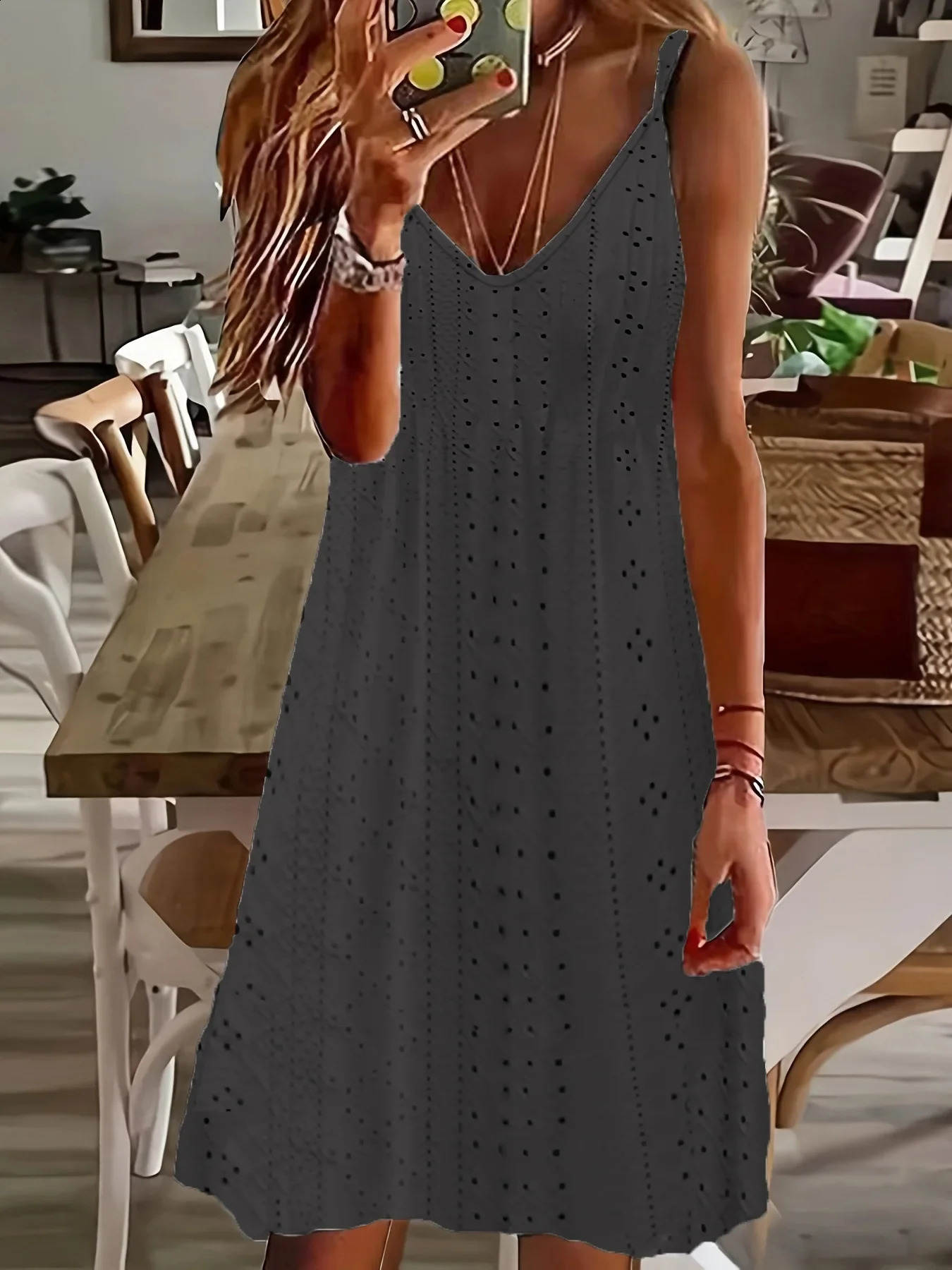2024 Europe and the United States Plus Size Womens Summer Cutout Jacquard V-Neck Strap Solid Color Dress 250409