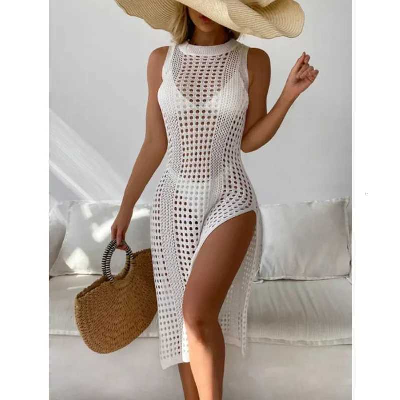 Womens holiday sexy cutout crochet cover swimsuit sleeveless bikini dress smock high slit beach knit solid swimsuitW251113