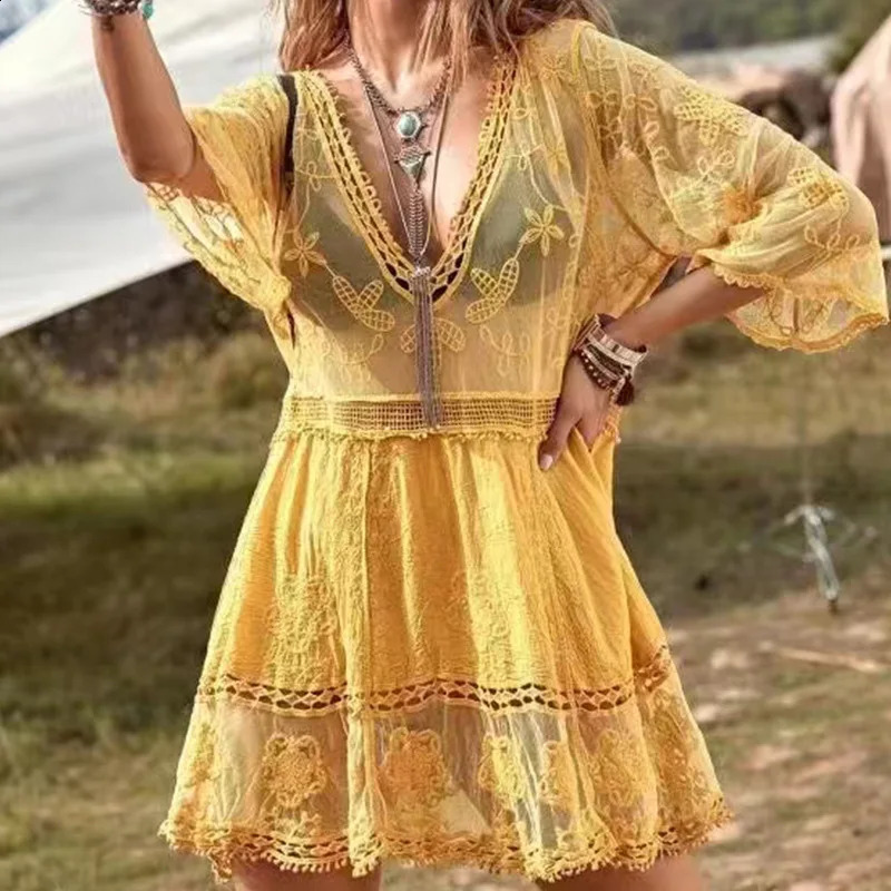 5Color Bikini Cover Ups 2024 Lace Beach Dress Solid Biquinis Kimono Womens No Size Sunscreen Short Sarong Vneck 250408