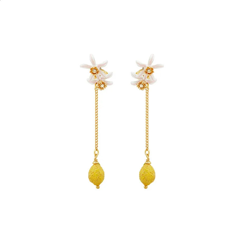 Arrival Temperament Niche n Enamel Ins Style Cute Open Lemon Flower Stud Earrings Ear Clip Natural Pearl Hook Earrings 250411