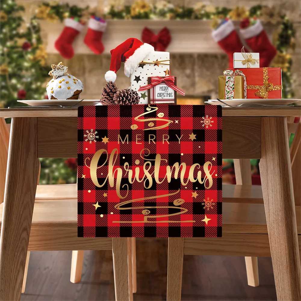 Christmas Christmas black red plaid table flag text Blessing Snow table Runner Family Holiday party kitchen table decoration Y251113