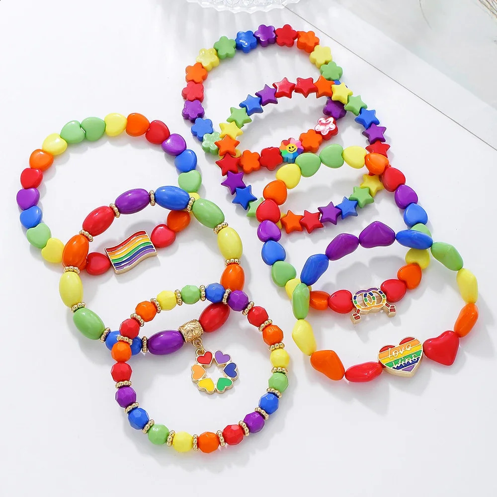 7Pc/s Simple Creative Love Five Star Rainbow Flag Color Simple Fashion Wind Elastic Bead Bracelet Set 250409