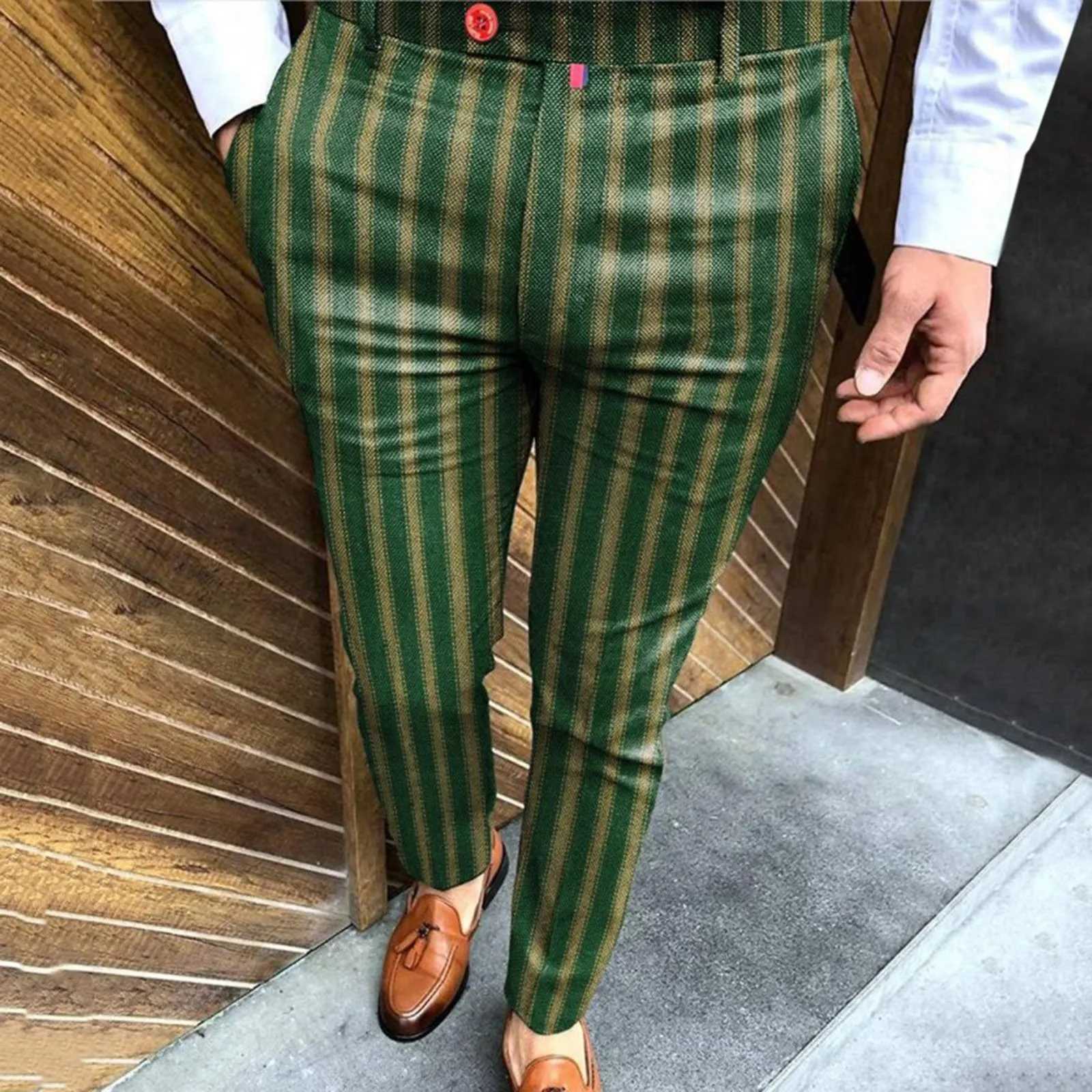 Mens elastic leg pants with pockets casual striped printed party set business pants fashionable casual pants mens brand TrouserXJ250412