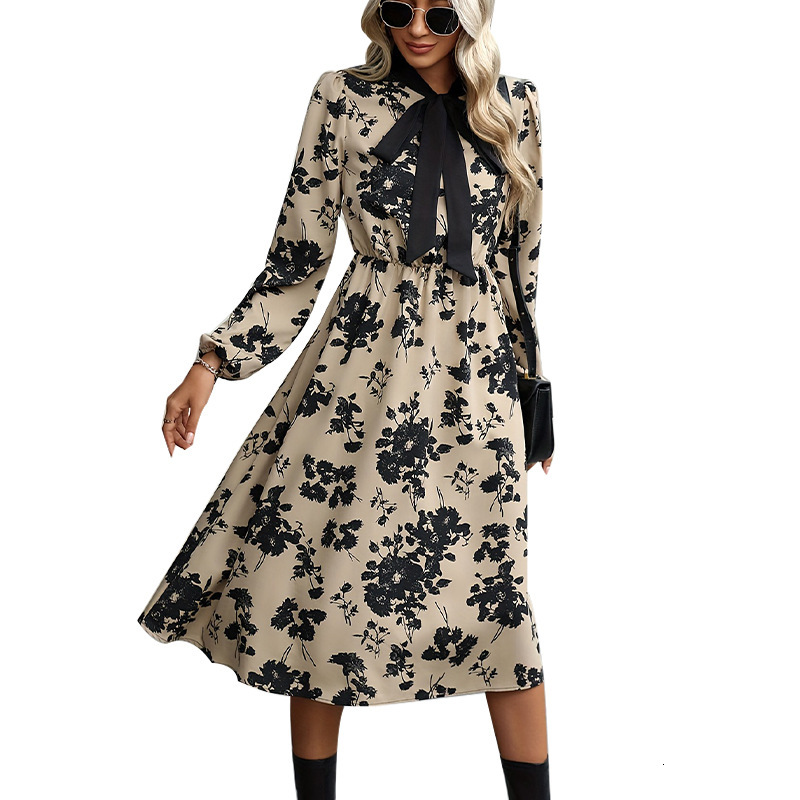 2025 Spring New Product Floral Dress Long Sleeve Collar Strap Mid length A-line Dress for Women