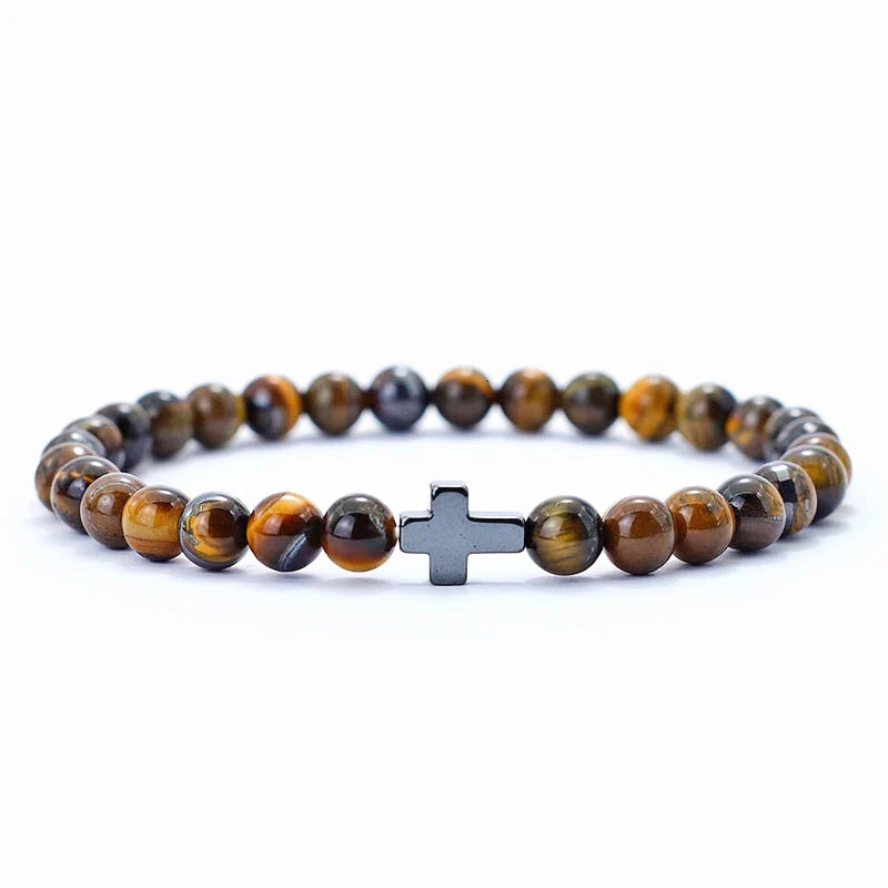Minimalist Mens Cross Bracelet 6mm Natural Tiger Eyes Stone Braclet Gift For Him Camping Accessories Bileklik Erkek Pulseira251112 - view 7