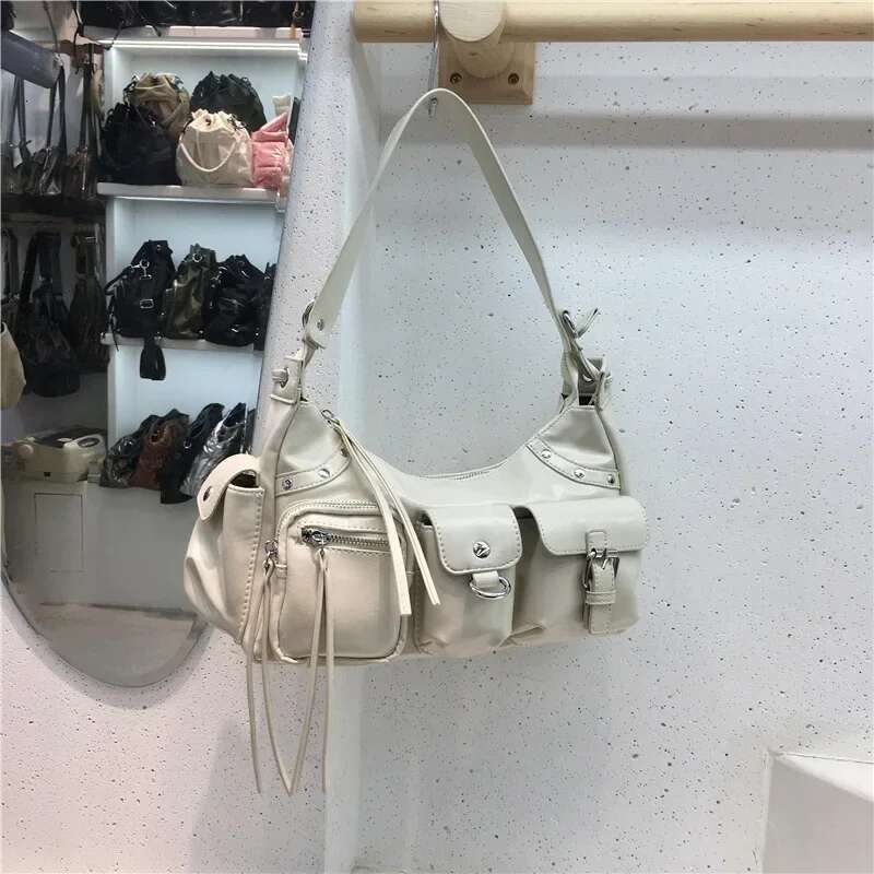 Designer Bag 2024 New Women's Underarm Spicy Motorcycle Multi-Pocket Lychee Pin Tote Bag Single Shoulder Slant Cross