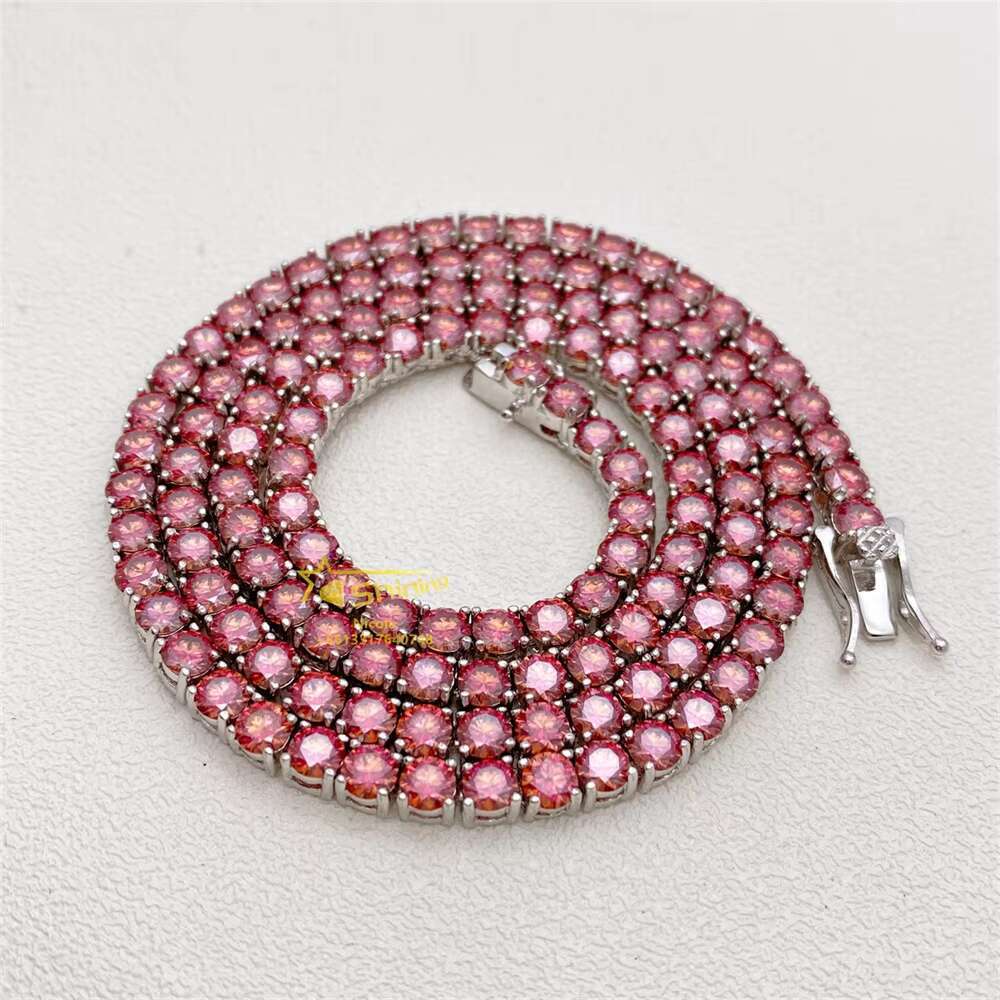 Hip Hop Fashion Factory Directly 925 Sterling Silver 3mm 4mm Tennis Necklace Bracelet Colorful Red Moissanite Tennis Chain