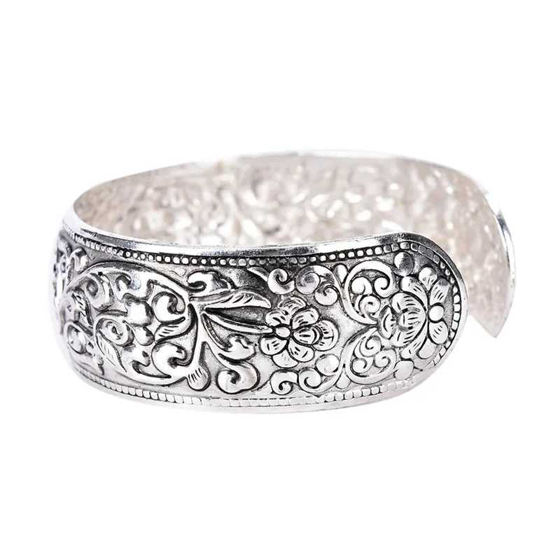 New Tibetan Silver Totem Bangle Carved Lucky Flower Bangle Cuff BraceletC250411