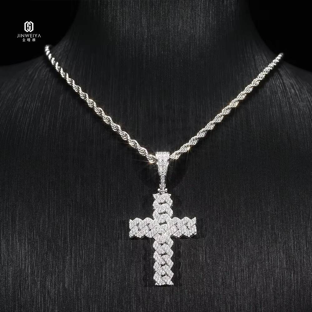Wholesale Hip-hop Shiny Cross Cuban Necklace Pendant 925 Sterling Silver Rhodium Plated Iced-out VVS Moissanite Jewelry