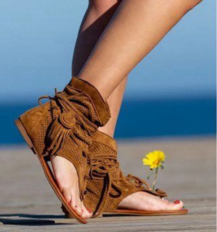 Retro Tassel Sandals For Woman Summer Boho Flat Shoes Ladies Lace Up Beach Shoes Sandalias Mujer Womens Shoes 698 250410