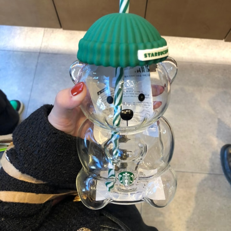 20-ounce Little Bear Cup Glass with Lid Cute Glass Cup Ice Coffee and Cold Drink Cup Gift Glass Bear Water Cup Best-selling Christmas Gift Little Bear