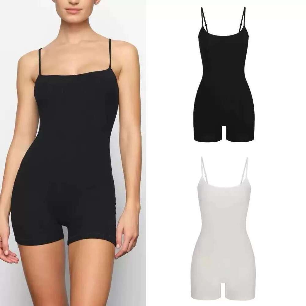 Women's Wear Kim Fine Ribbed Sleeveless Halter Jumpsuit Shorts Slim-Fit Stretch Adjustable Strap Sports Tights