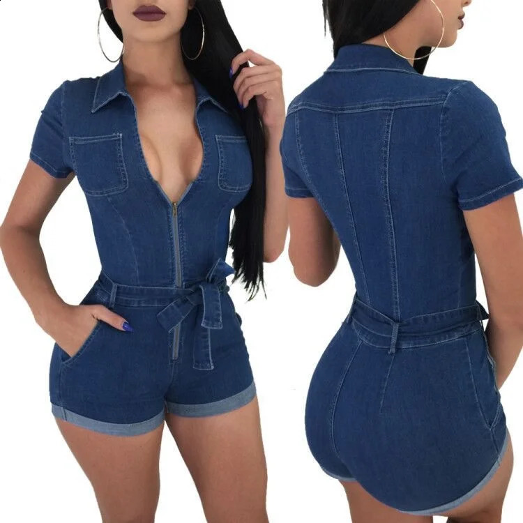 Womens summer casual street denim short sleeved Playsuits deep V party jeans ultrathin jumpsuit womens tight fitting clothes retro 250411