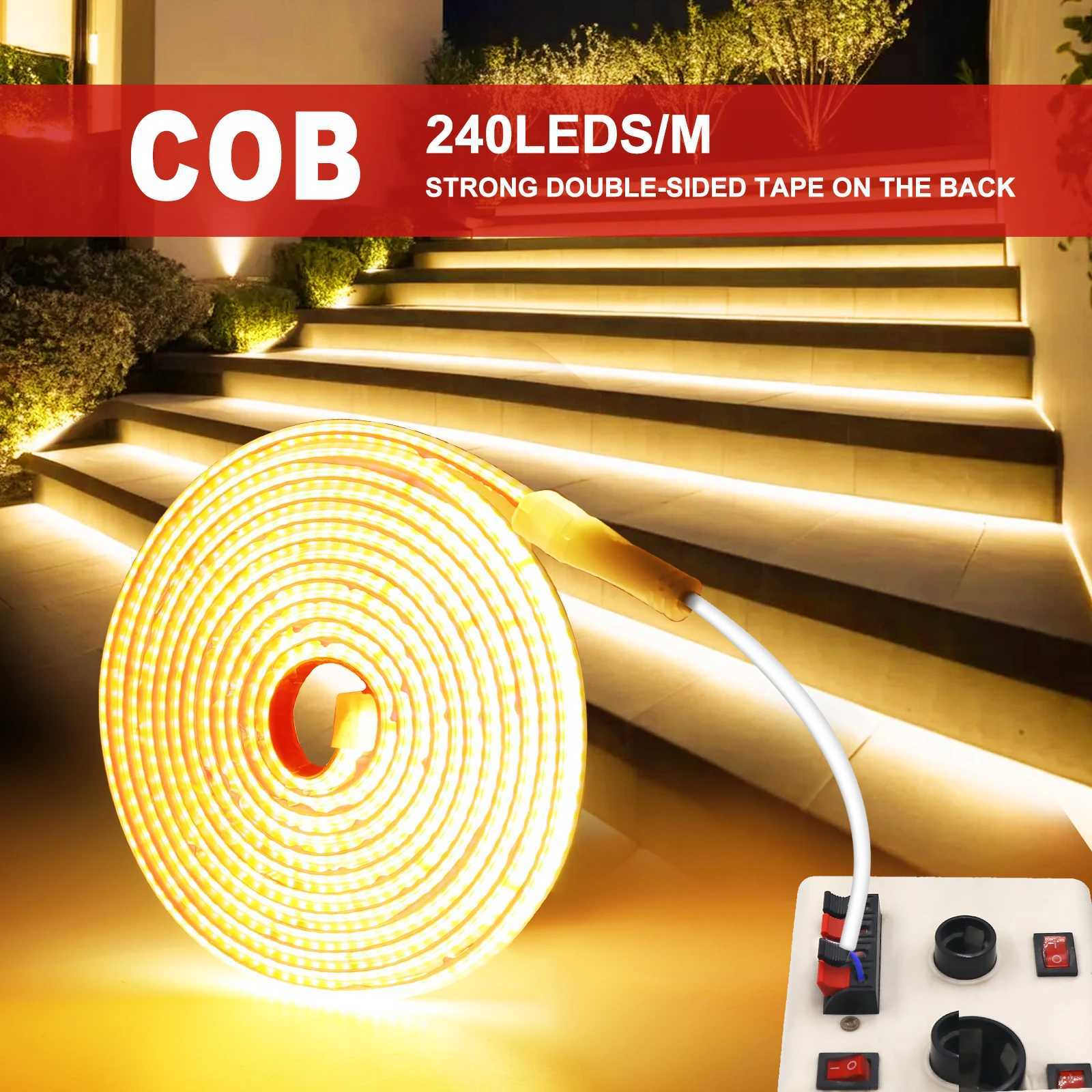 AC 220V COB Strip 240Leds/M IP65 Waterproof 3000K 4000K 6000K Flexible Ribbon Rope LED Light 10CM Cut Self Adhesive Diode Tape W251112