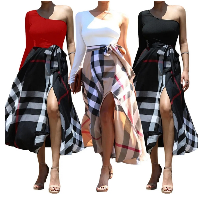 Designer Spring and Autumn women's single shoulder dress plus size printed long sleeved short skirt vest casual shirt clothing