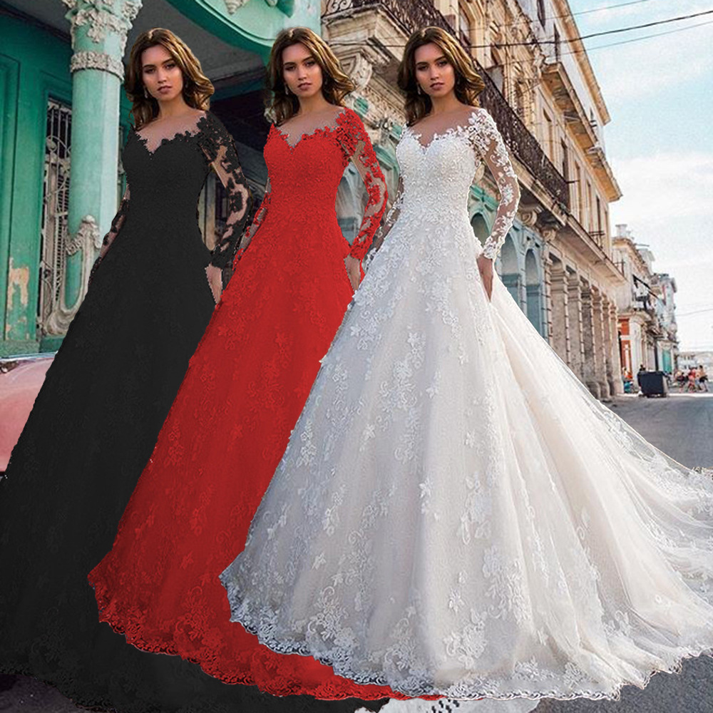 2025 New Womens Dress Long Sleeve Solid Color Perspective Lace Bridal Wedding Dress