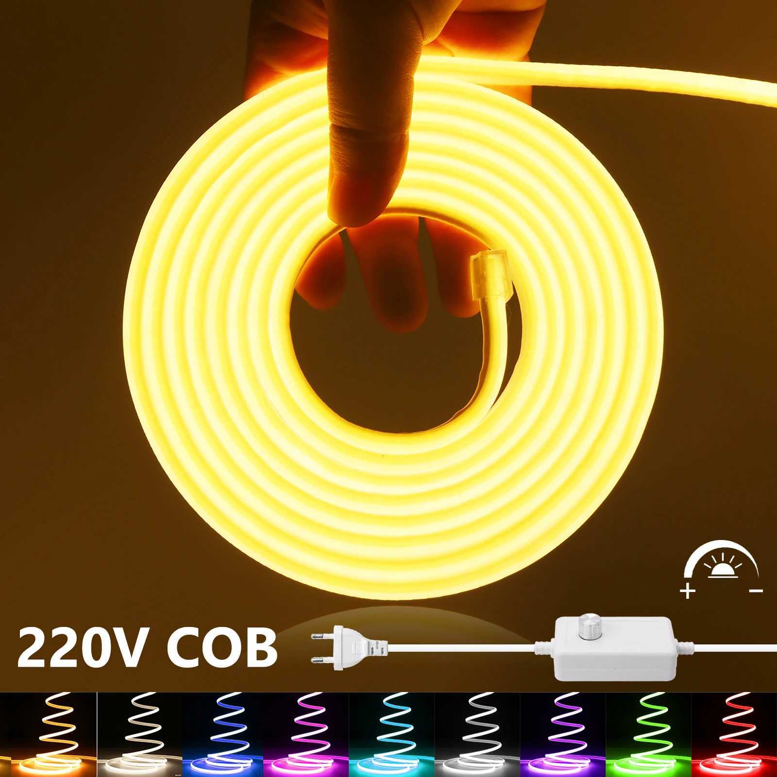 220V COB LED Light Strip IP65 Waterproof Ribbon Tape With EU Dimmer Switch Plug Flex FOB Neon Strips For Home Garden Lighting W251112