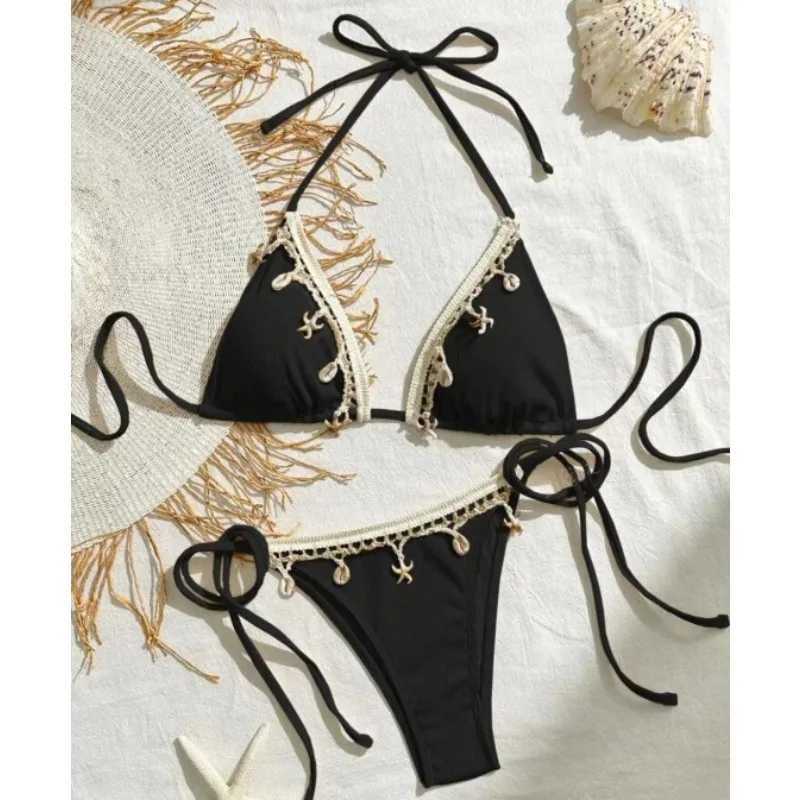 Shell Decoration Ribbed Bikini Women Swimwear Female Swimsuit Two-pieces Bikini Set Halter Strappy Bather Bathing Suit Swim LadyW251113