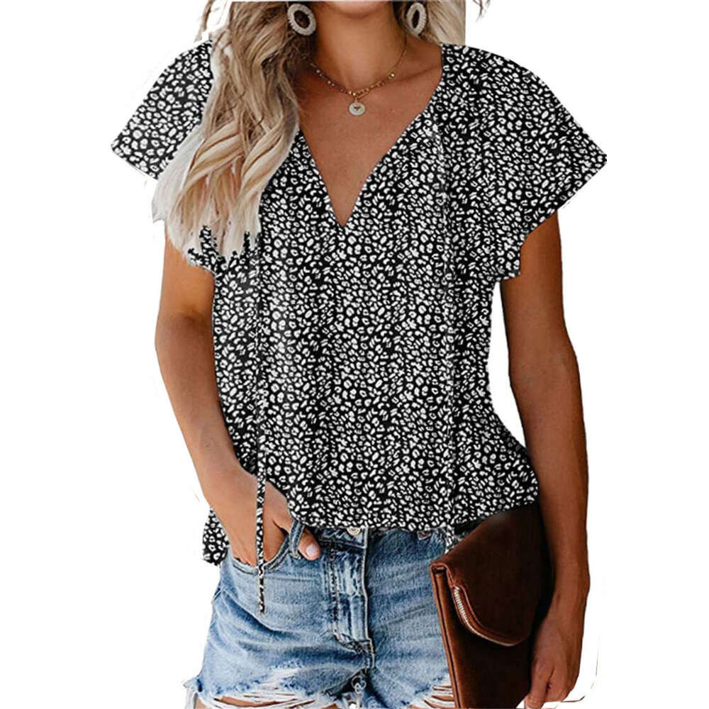 8-Color High-Quality Summer Women's Floral Casual V-Neck Chiffon Shirt Loose And Simple Short Sleeved Top