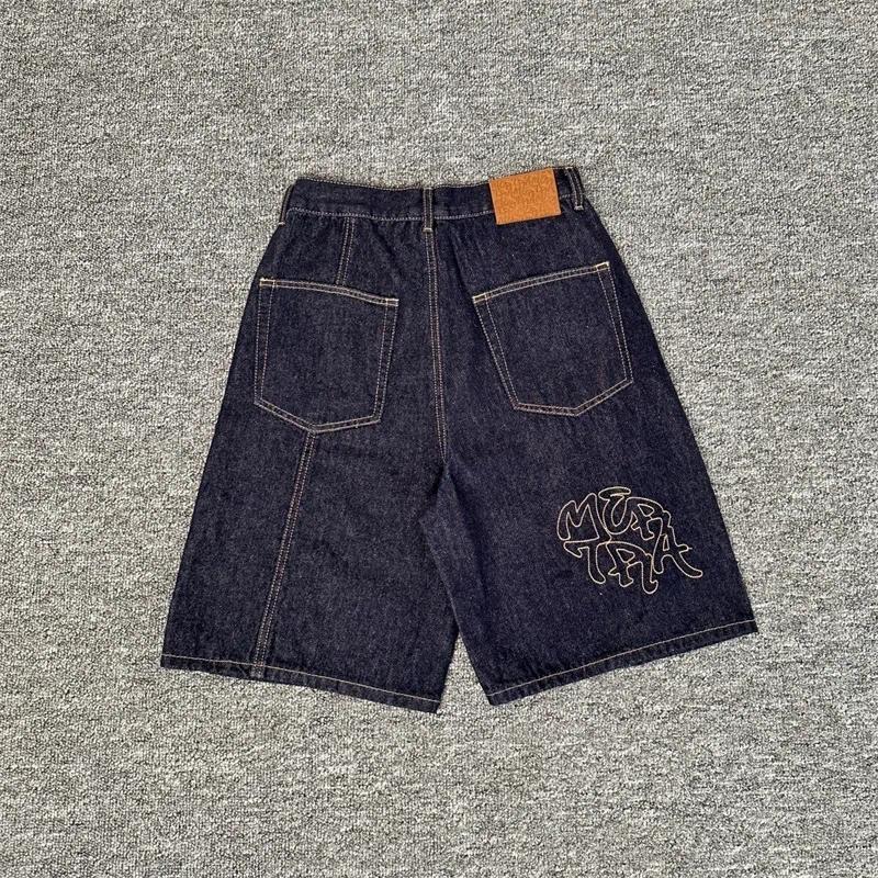 Men's Jeans Embroidered Men Women 1:1 Quality Streetwear Navy Blue Oversized Denim Shorts