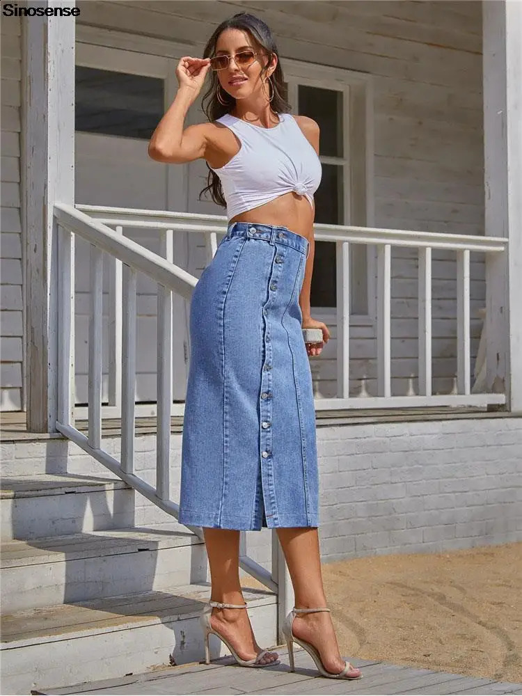 Womens Maxi Pencil Jean Skirt High Waisted A-Line Long Denim Skirts Ins Button Down Side Split Hem Stretch Blue Jean Skirt 250407