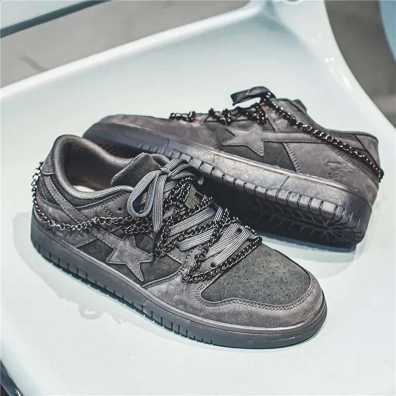 Mens casual sports shoes punk metal chain star skateboarding flat running tennis shoes basketball walking sports shoes 250410