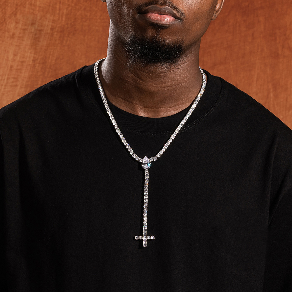 Hip Hop Long Cross Pendant Necklace 5mm Tennis Chain 5A Zircons Choke Chain Religious Jewelry