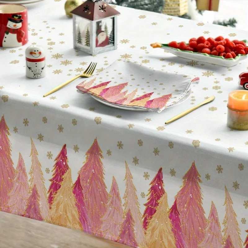 Christmas Christmas Pink Trees Golden Snowflakes Tablecloth for Table Decor Winter Xmas Kitchen Dining Table Cloth Christmas Decorations Y251113