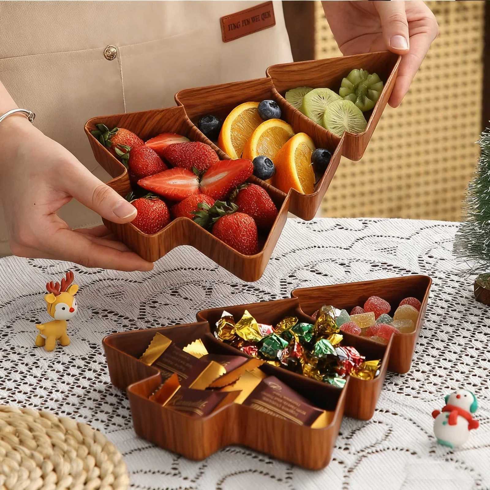 Christmas 1-5pcs Christmas Faux Wooden Snack Plates Candy Fruit Divided Trays Tree Shape Holiday Home Table Party Decoration Supplies Y251113