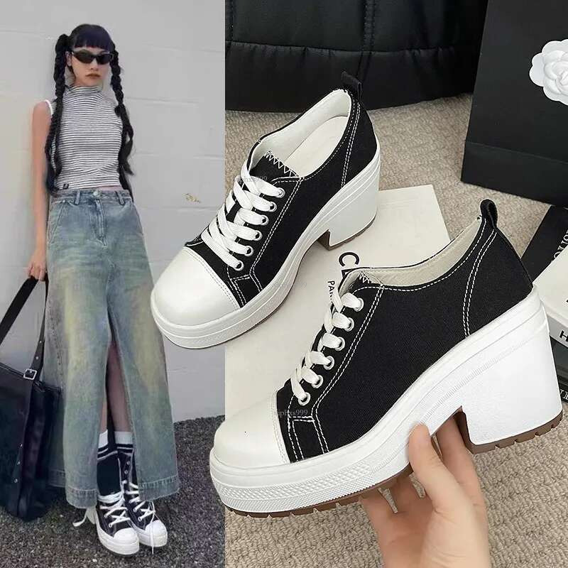 2024 New Women's Designer High Heels Outdoor Round Toe Lace-up Increase Thick Sole Casual Fashion White Shoes