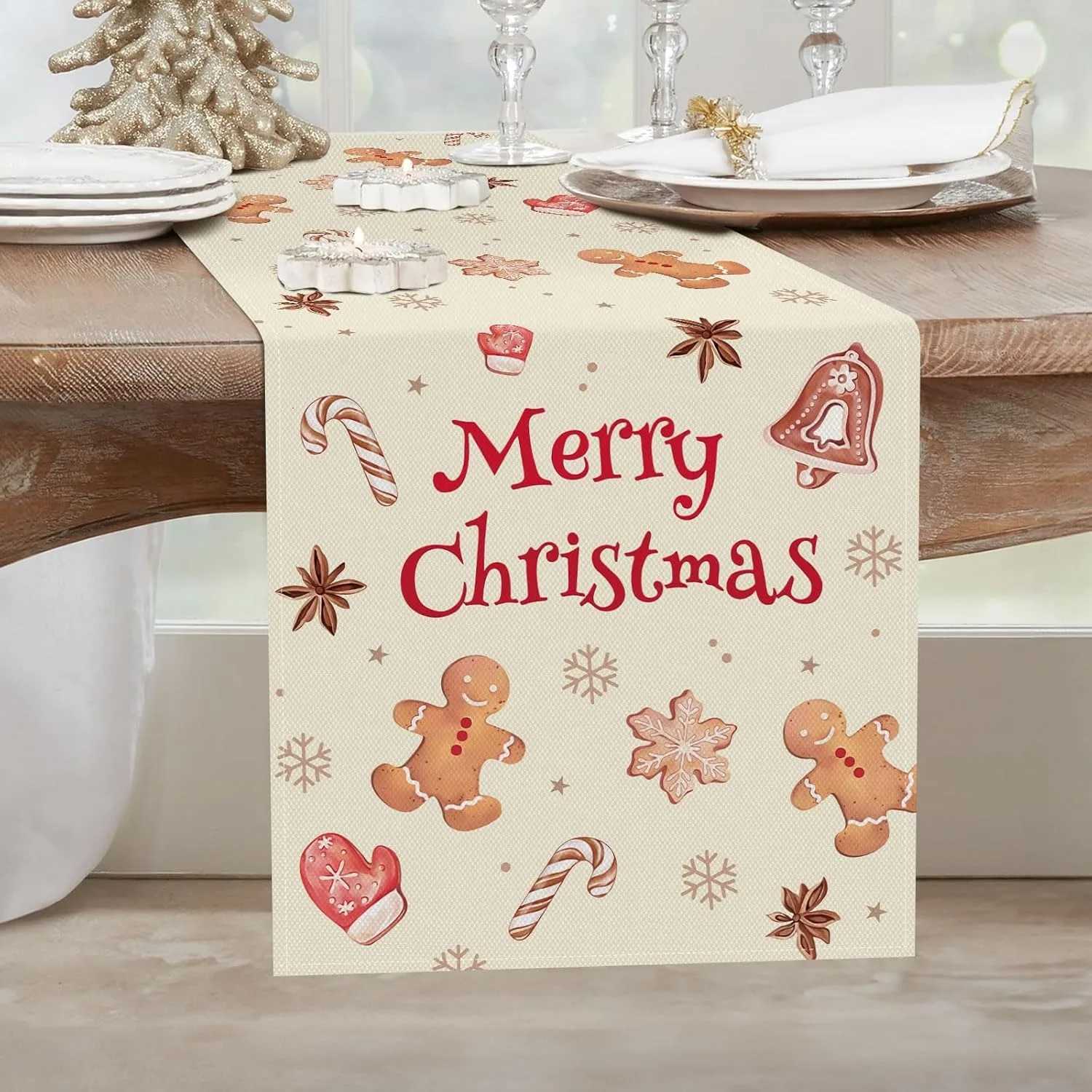 Christmas Festive Merry Christmas table flag Adorned with Gingerbread Candy Canes Bells New Year home party decoration Y251113
