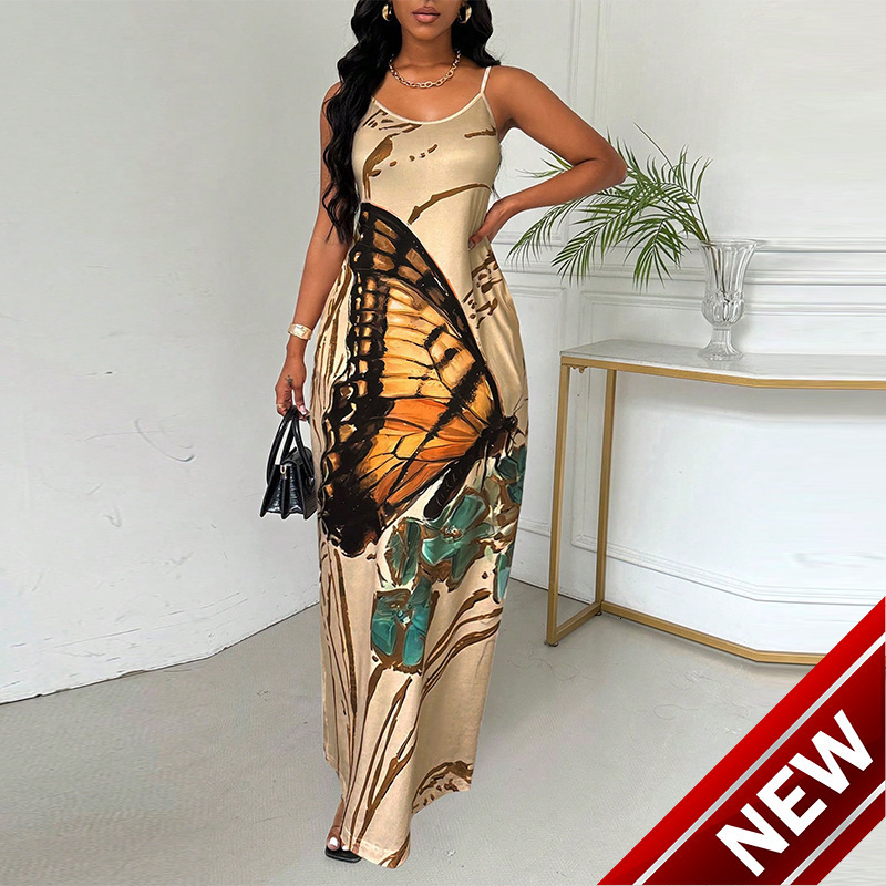 Dress 2025 summer new suspender skirt butterfly print one-step skirt