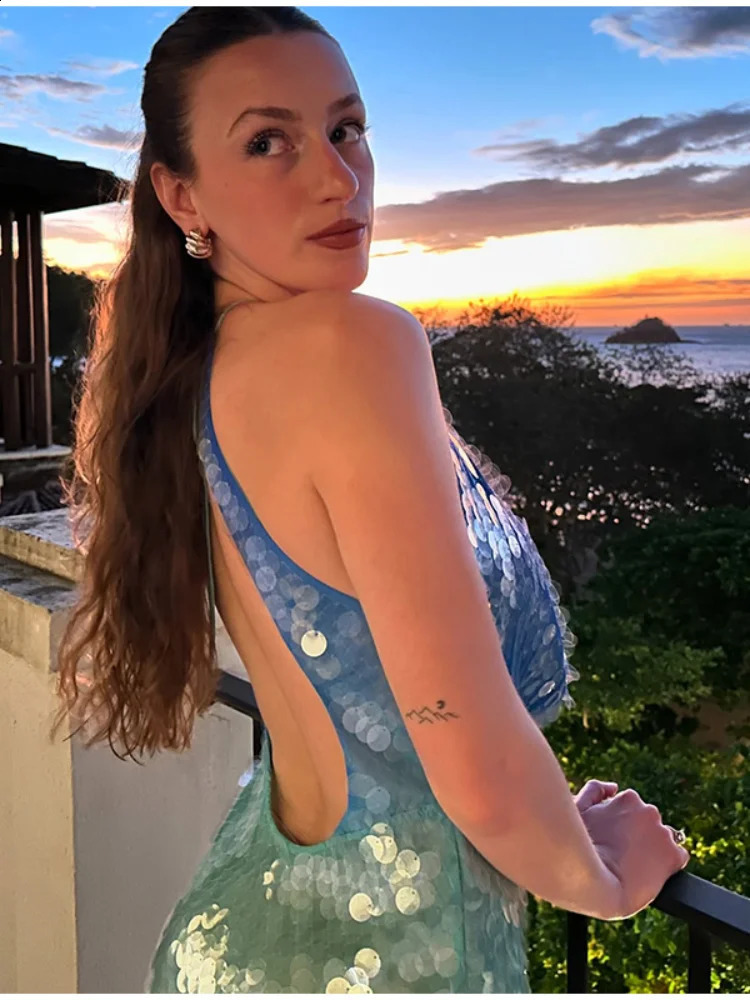 Fashion Sequins Backless Patchwork Halter Mini Dress For Women Backless Sleeveless Party Dress Summer Street Glitter Vestidos 250409