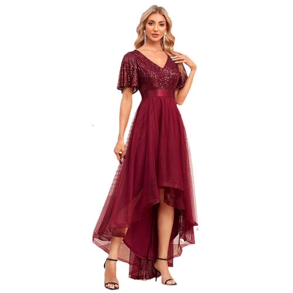 Designer New Elastic Waist Patchwork Elegant V-Neck Ruffled Short Sleeved Evening Dress With Loose Chiffon And Irregular Long Skirt