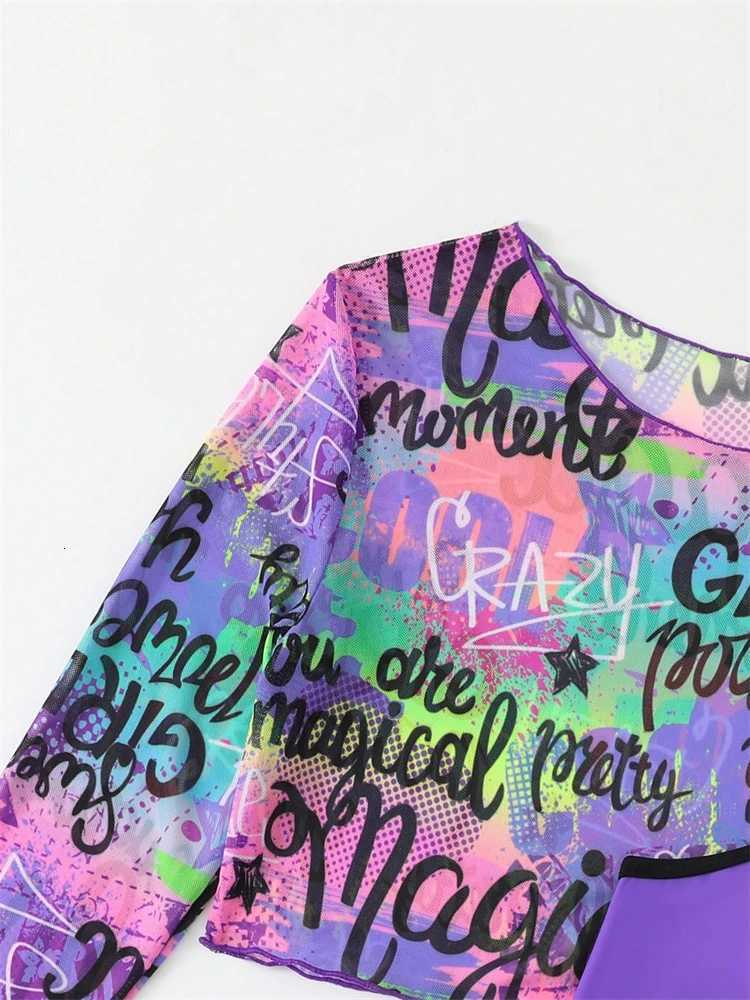 Bikini Kids Girls Swimsuit 2026 New Purple Letter Sling Mesh Long Sleeve Children Bikinis Set Swimwear Summer Beach Bathing SuitW251113