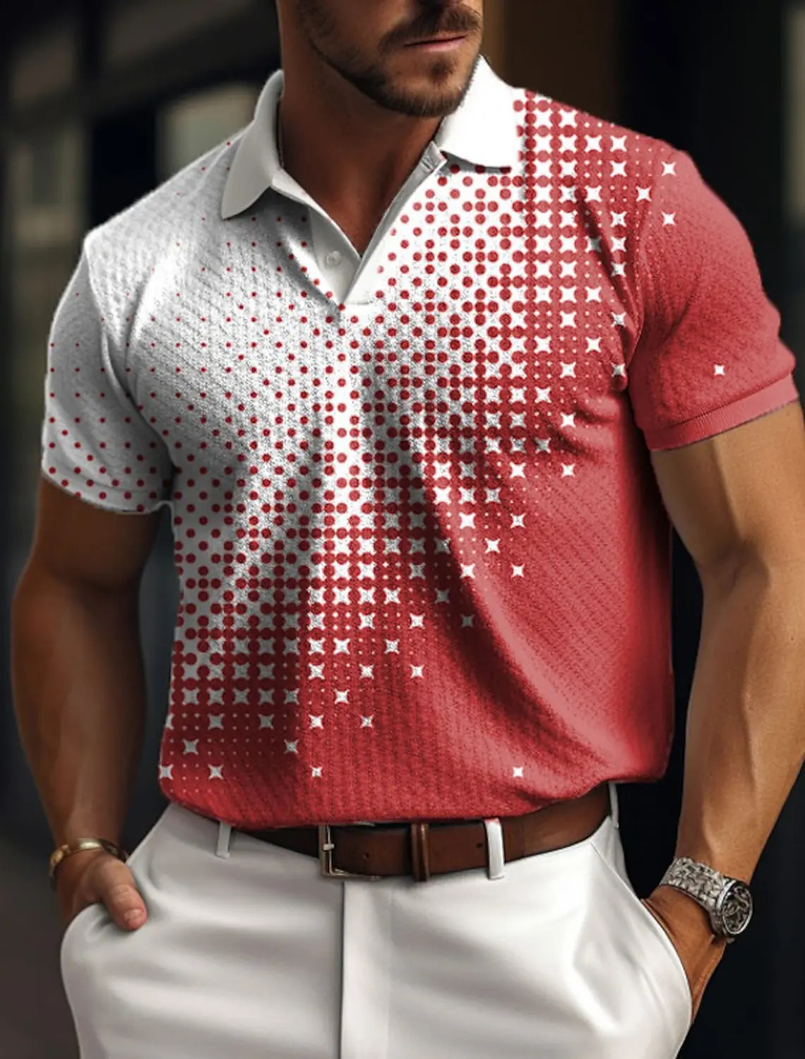 Mens polo shirt with buttons polo collar golf shirt plain weave pattern geometric street casual mesh fabric short sleeved 250409