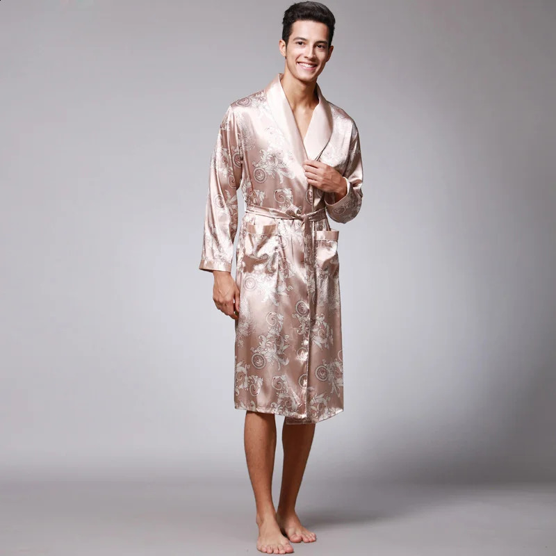Men Summer Autumn Kimono Bath Robe Silk Satin Golden Dragon Long Bathrobe Dressing Gown Knee Length Black Sleepwear 250409