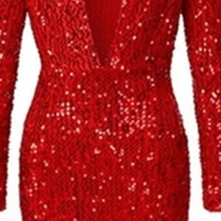 2025 Spring New Womens Bag Hip Dress with Fish Tail Edge Red Glitter Long Sleeve V-neck Dress