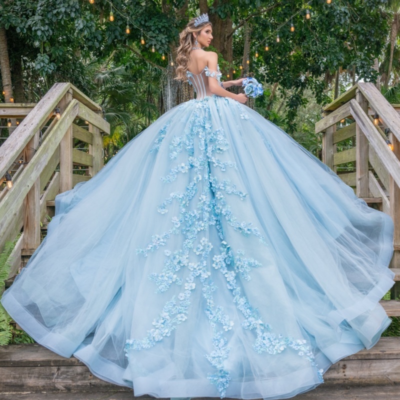 Sky Blue Quinceanera Dresses Off Shoulder Ball Gown Sweet 16 Dress Applique Flower Beads Tull Corset Birthday Party Vestidos 15 De Anos