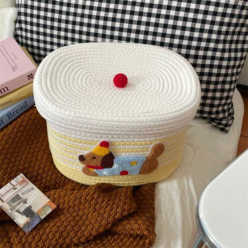 Cute Cotton Woven Toy Storage Basket with LidDustproof Desktop Organizer for ToysHe Decor Stylish Decorative Storage Bin Box Y251112