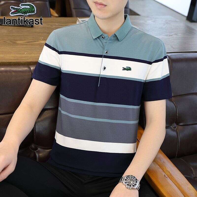 Noble Crocodile 2025 New Summer Short Turn-Down Collar Polo Shirt Men's Trendy designer handbag Striped Half Sleeve T-Shirt Pure Cotton