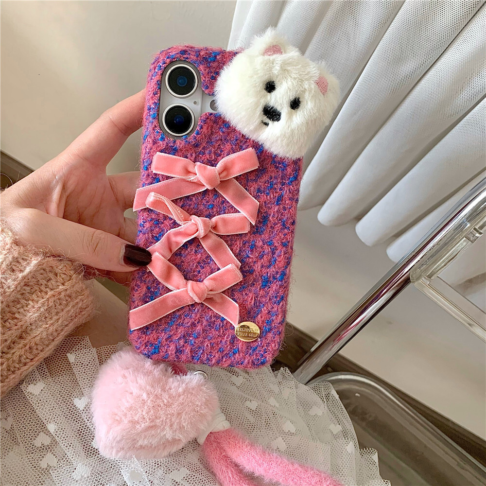 Bowknot Plush Dog Phone Case Compatible with iPhone 16/15 Pro Max Love Bracelet iPhone 14/13/12 Pro Cartoon