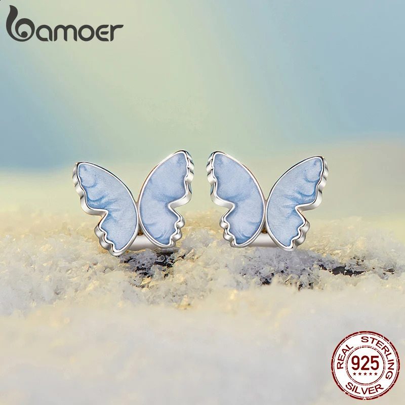genuine 925 sterling silver blue butterfly earrings white gold plated hypoallergenic cute earrings SCE1823 250409