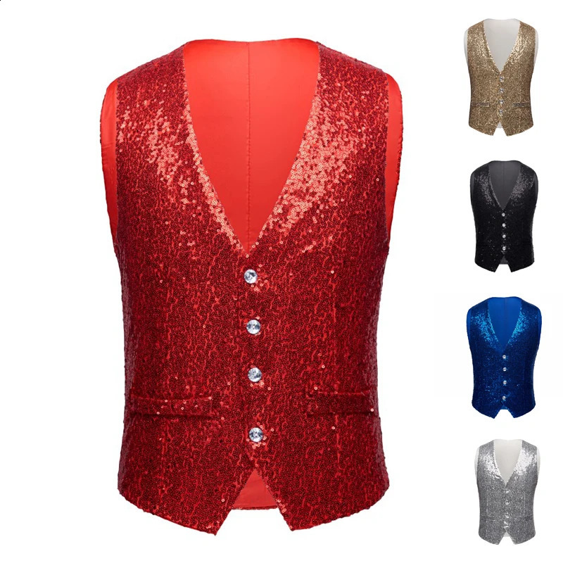 Men Fashion Sequin Blazers Vest Gliter Suit Vest Nightclub DJ Stage Clothes Shiny Gold Sequin Bling Glitter Vest 250407