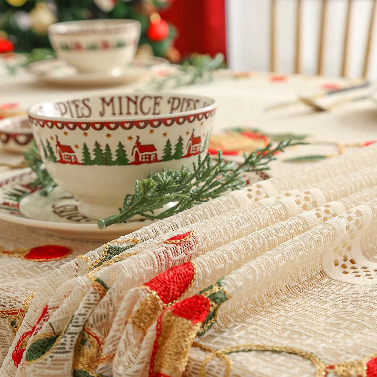 Christmas Christmas Lace Flower Tablecloth Embroidery Gauze Tablecloth Rectangular Party Dinner Decor Beige Tablecloth-7 Designs 3 Sizes Y251113