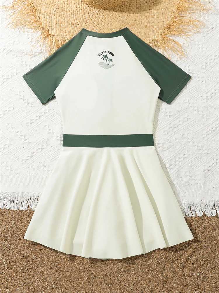 Kids Swimsuit Girls 2026 New Solid Short Sleeves Long Dress zipper Children Swimwear Summer Beachwear Bathing Suit Swimming GirlW251113